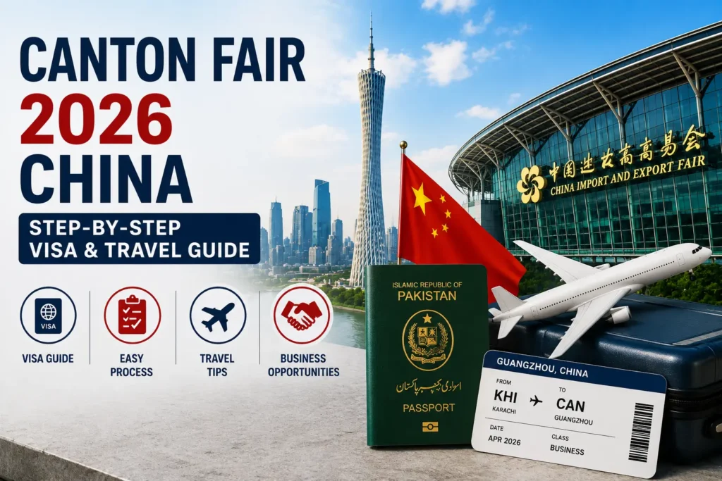 Travel planning for Canton Fair 2026 in China with passport, airplane, notebook, and business trip essentials for Pakistani visitors