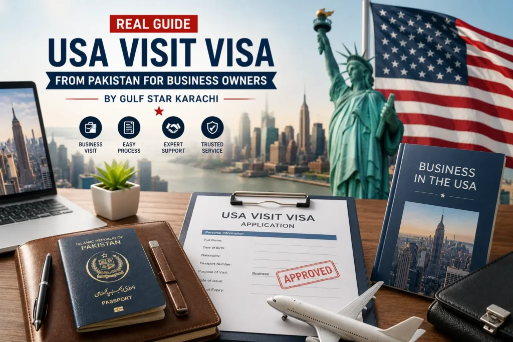 USA visit visa from Pakistan for business owners with passport, visa application, and New York skyline