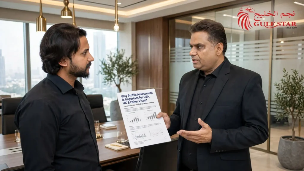 Gulf Star consultant explaining why profile assessment is important for USA UK and other visas to client in office